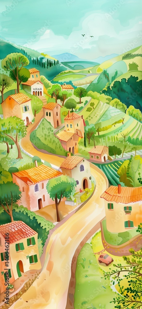 Obraz premium Whimsical Watercolor Italian Village in Rolling Hills with Terraced Vineyards