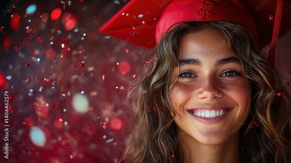 A joyful graduate smiles amidst a backdrop of colorful confetti, celebrating a significant achievement in her academic journey.