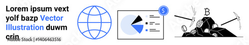 Globe symbolizing worldwide communication, data chart reflecting analytics and finance, and tools mining cryptocurrency. Ideal for tech, finance, blockchain, global economy, analytics, business