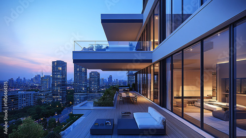 Modern urban condo with expansive balcony views at dusk