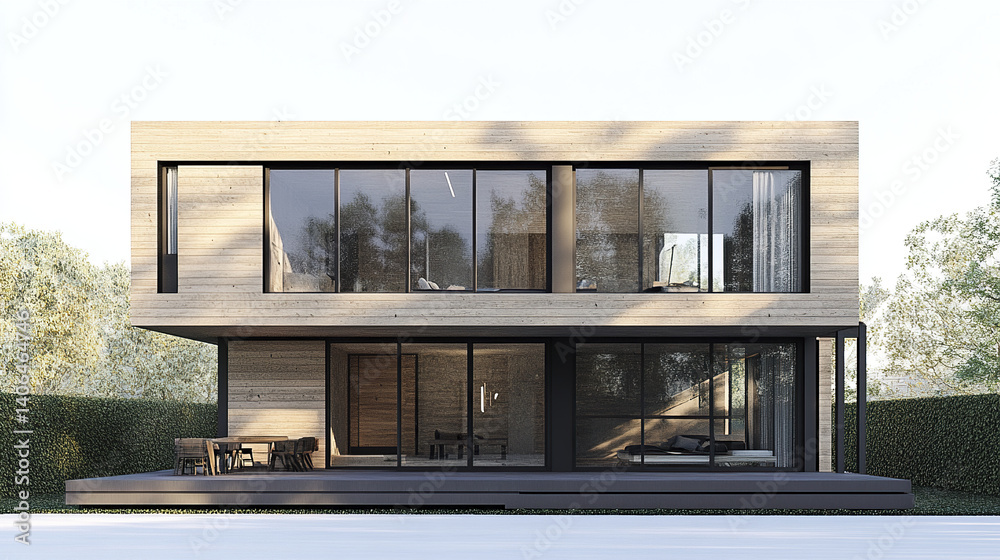 Fototapeta premium Modern cube house with wooden textures and large windows