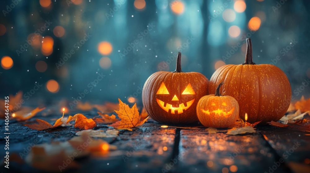 Three carved pumpkins sit on a wooden surface surrounded by autumn leaves, illuminated by soft orange lights, evoking a festive Halloween atmosphere. Three carved pumpkins sit on a wooden surface surrounded by autumn leaves, illuminated by soft orange lights, evoking a festive Halloween atmosphere.