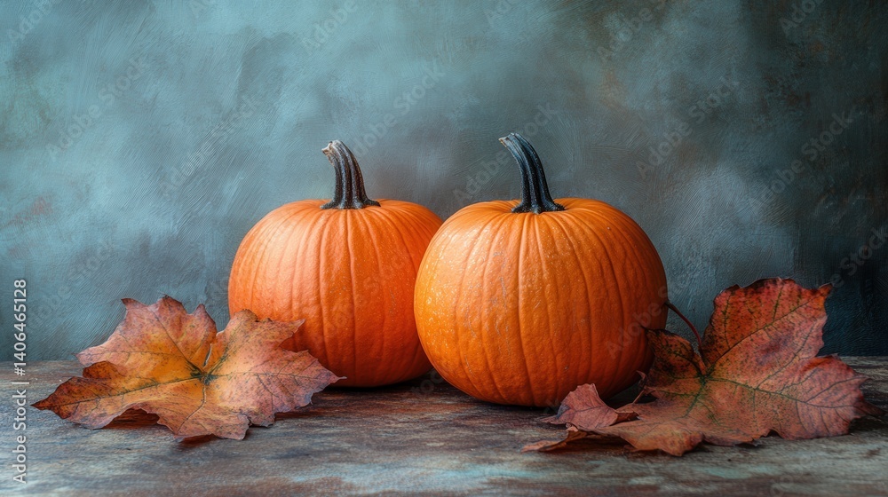 Two vibrant pumpkins sit on a rustic surface, surrounded by autumn leaves against a textured backdrop, evoking a cozy fall atmosphere. Two vibrant pumpkins sit on a rustic surface, surrounded by autumn leaves against a textured backdrop, evoking a cozy fall atmosphere.