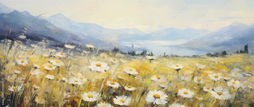 White flower landscape with mountain scene