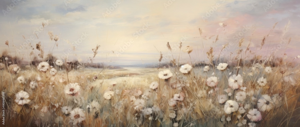 White flower landscape with mountain scene