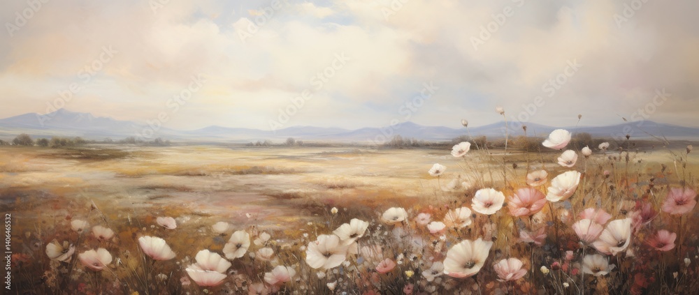 White flower landscape with mountain scene