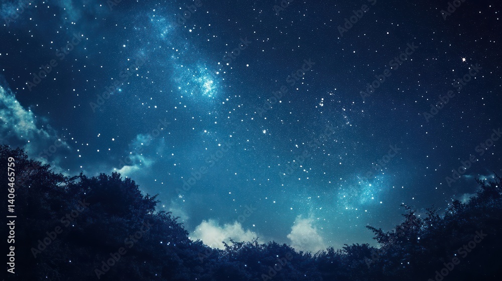 Enchanting celestial panorama featuring twinkling stars above serene treetops