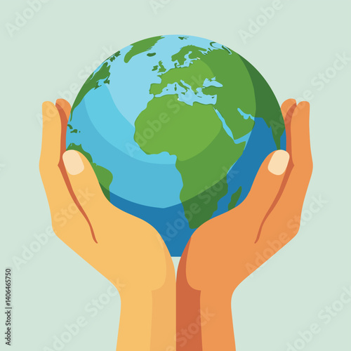 Illustrated Earth held in caring hands, representing global protection and environmental awareness.