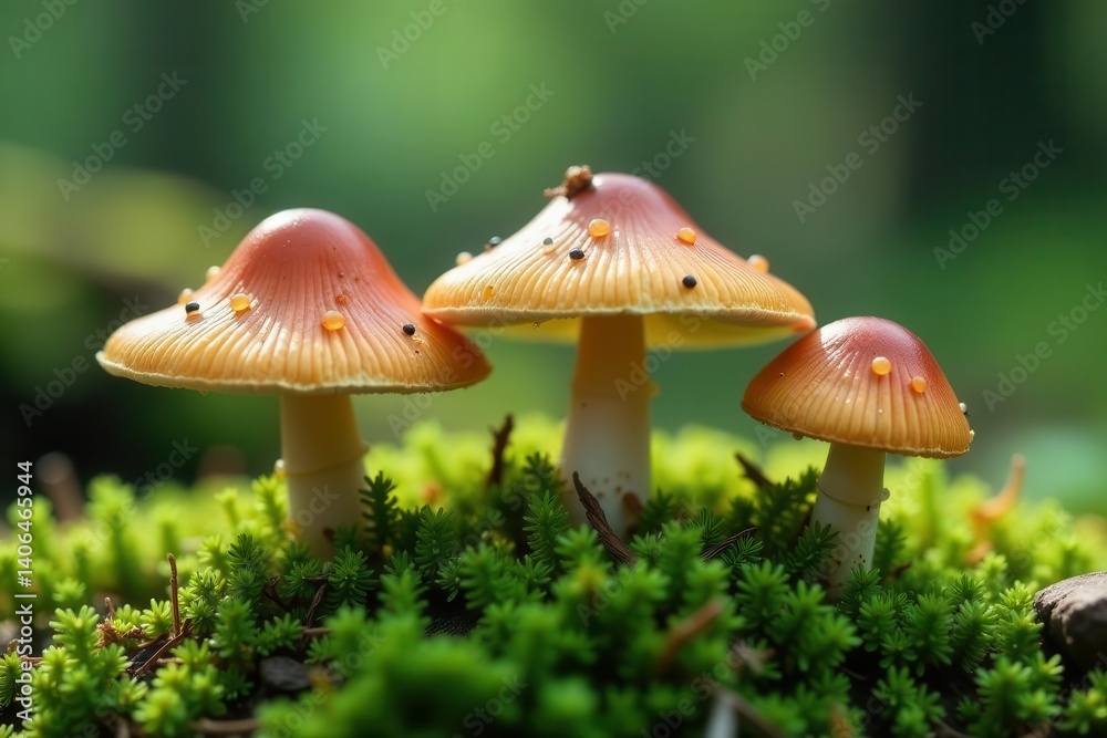 Three vibrant mushrooms nestled amongst verdant moss in a serene forest setting