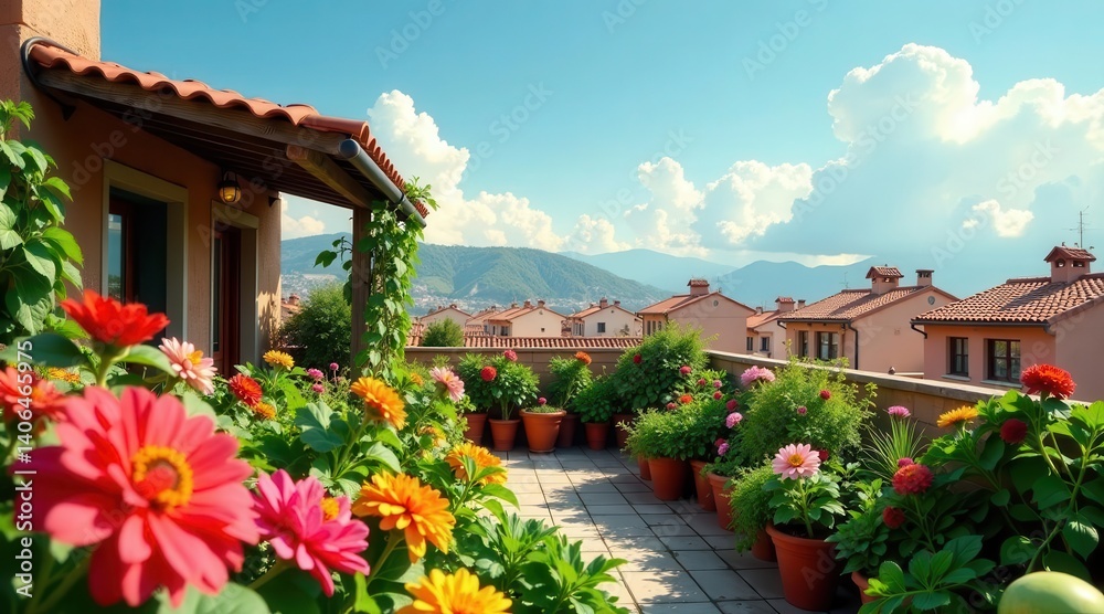 A vibrant rooftop garden flourishing with colorful flowers, potted plants, and a tranquil view of a residential area nestled amongst picturesque mountains under a bright summer sky.
