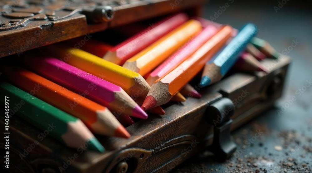A Colorful Collection of Sharpened Pencils Nestled Within an Ornate Wooden Box