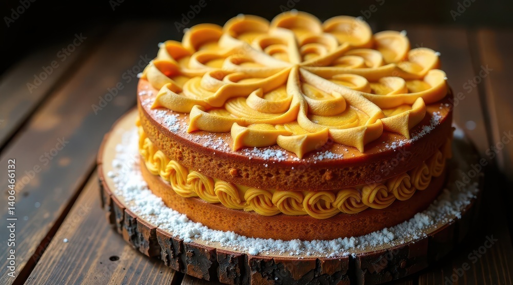 Delicious Two-Layered Cake with Intricate Buttercream Design on Rustic Wooden Surface