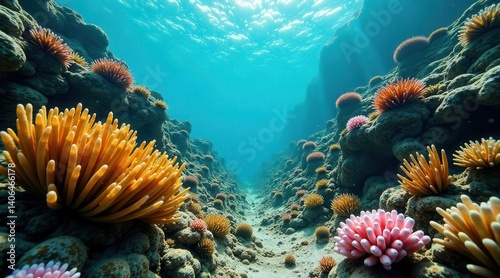 Submerged Canyon Pathway Vibrant Aquatic Life Thrives in Sunlit Deep Sea Crevice