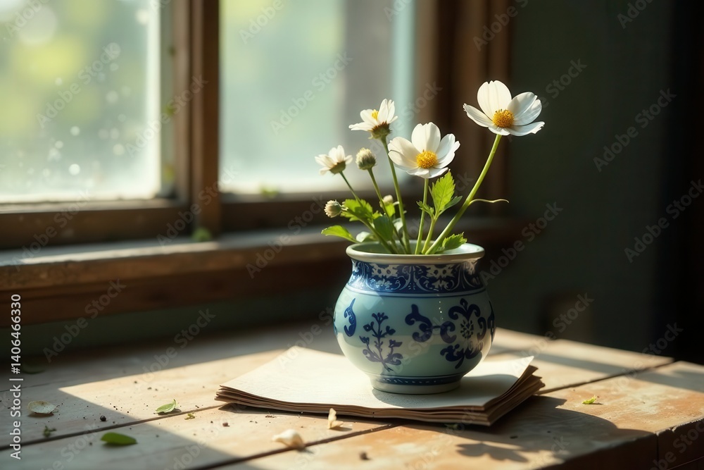 Sunlit Windowsill Still Life Featuring Delicate White Blooms in a Blue and White Porcelain Vase Resting on Aged Papers