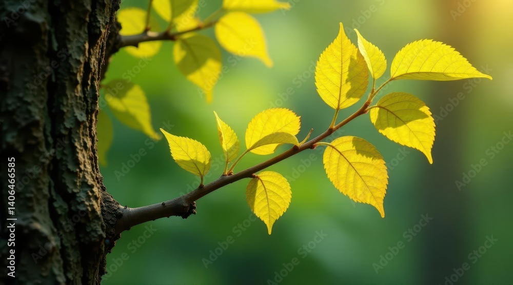 Golden Sunlight Illuminates Vibrant New Spring Leaves on a Tree Branch, a Symbol of Renewal and Growth
