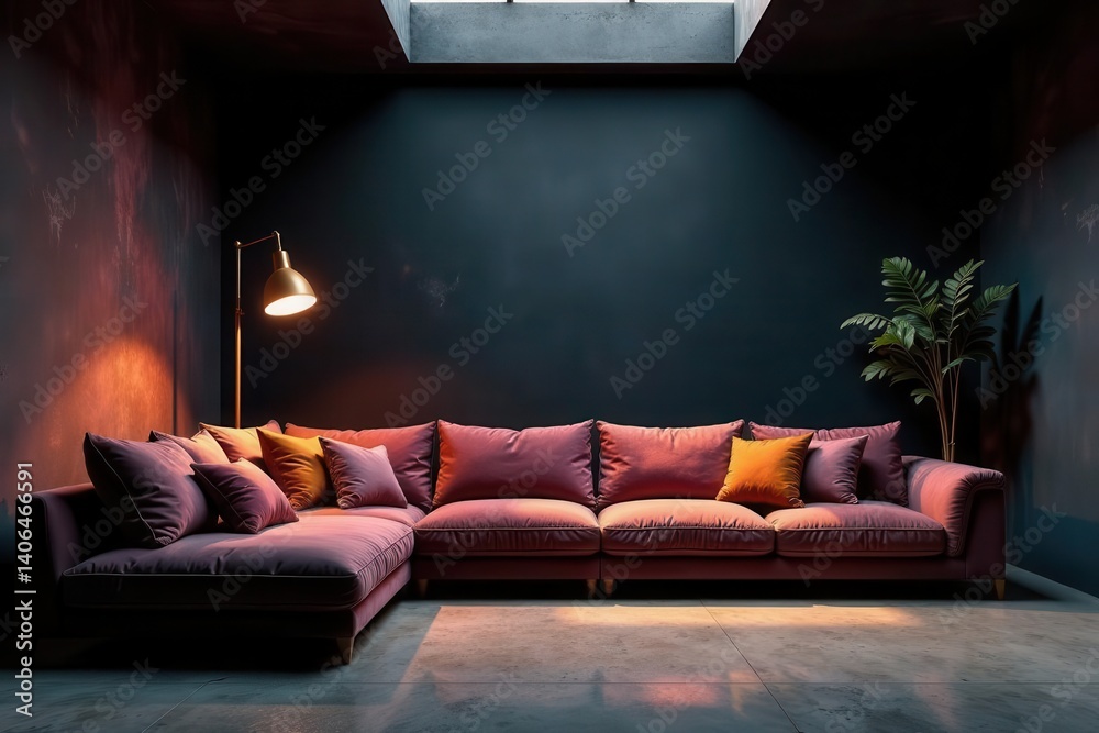 Relaxing Interior Design with a Plush Velvet Sectional Sofa and Warm Ambient Lighting
