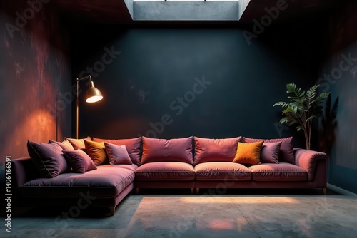 Obraz na płótnie Relaxing Interior Design with a Plush Velvet Sectional Sofa and Warm Ambient Lighting w salonie