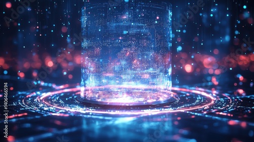 A futuristic, glowing cylinder surrounded by vibrant, colorful particles and digital patterns, creating a high-tech atmosphere.