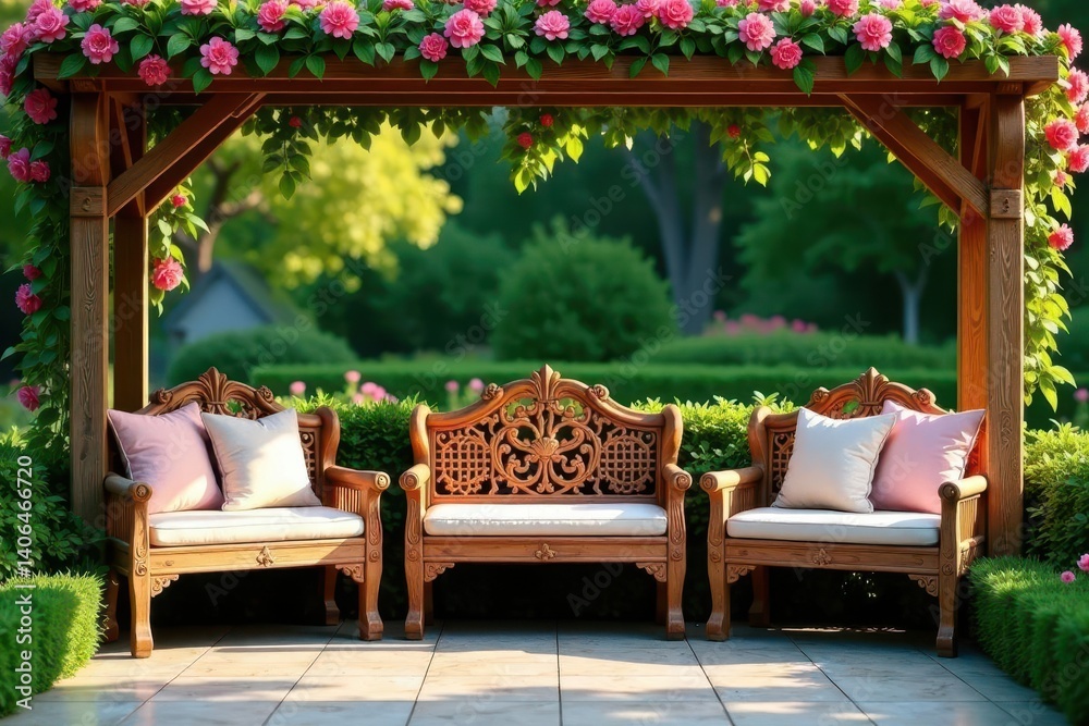 Serene Garden Setting with Ornate Wooden Benches Under a Blooming Rose Arbor