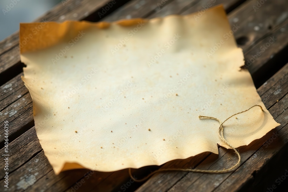 Aged parchment paper rests on weathered wood, tied with twine, ready for a message or story.