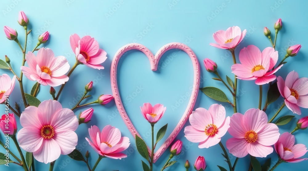 Pink flowers arranged around a heart-shaped frame on a light blue background, a delicate and romantic floral composition perfect for springtime celebrations or romantic expressions