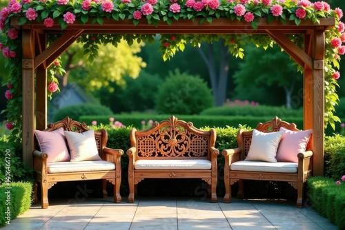 Obraz na płótnie Serene Garden Setting with Ornate Wooden Benches Under a Blooming Rose Arbor w salonie