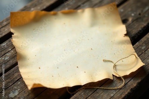 Aged parchment paper rests on weathered wood, tied with twine, ready for a message or story.