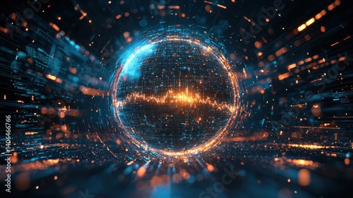 A digital sphere radiates vibrant lights and patterns, representing a fusion of technology and energy in a futuristic setting.
