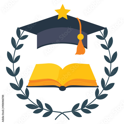 A composition of an academic graduation cap and an open book, enclosed within a laurel wreath.