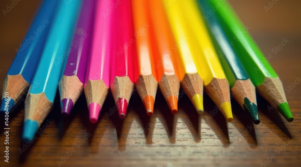 A vibrant spectrum of colored pencils arranged in a captivating row, showcasing the diversity of hues and the potential for creative expression.