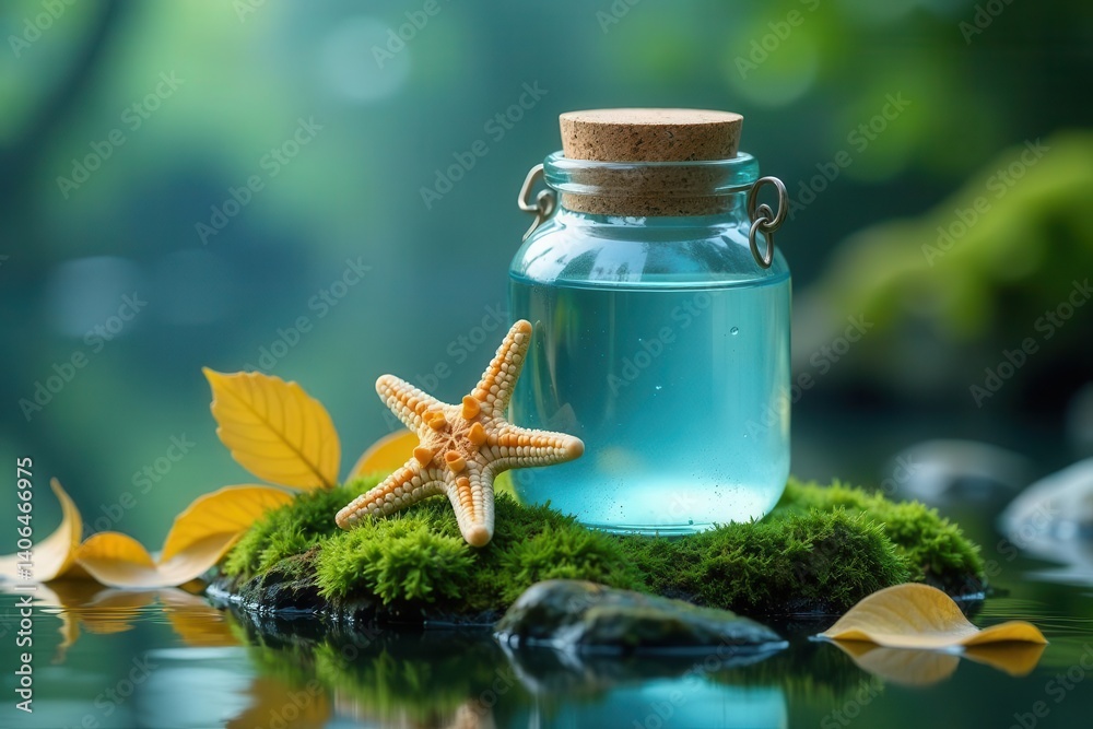 Serene Aqua Liquid in Glass Jar Beside Starfish on Mossy Rock in Still Water
