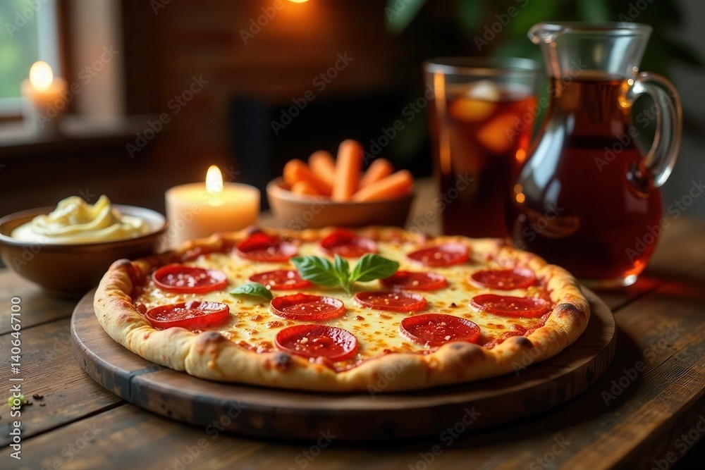 Delicious Pepperoni Pizza with Melted Cheese, Served on Wooden Board with Appetizers and Beverages