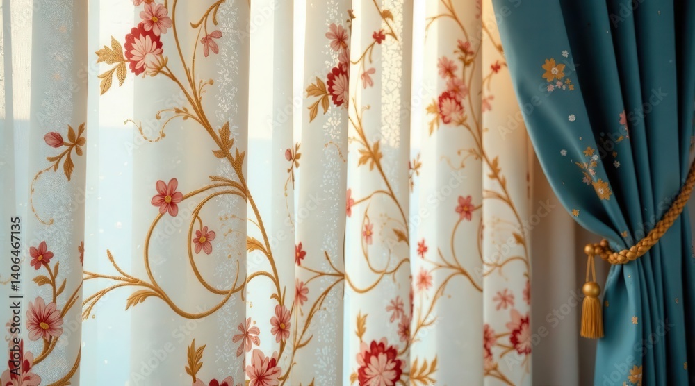 Elegant Floral Drapery Panels with a Soft Teal Accent, Illuminating a Room with Gentle Sunlight