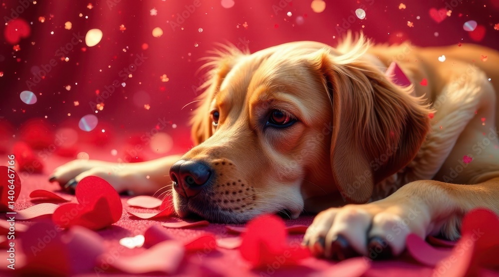 A Golden Retriever Puppy Resting Amidst Red Hearts and Sparkling Confetti on Valentine's Day