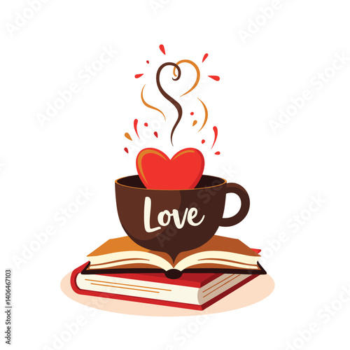 A warm beverage symbolizing affection atop books, with steam forming a heart, expressing love.