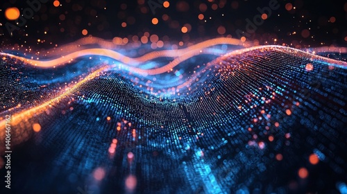 A vibrant digital landscape featuring waves of light and data points, creating a dynamic and colorful visualization.