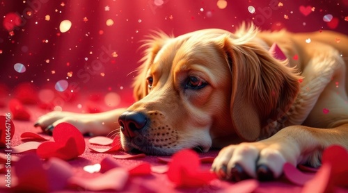 Obraz na płótnie A Golden Retriever Puppy Resting Amidst Red Hearts and Sparkling Confetti on Valentine's Day w salonie