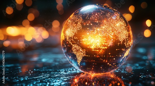 A glowing globe surrounded by shimmering lights, showcasing a vibrant, digital representation of the Earth against a dark background.