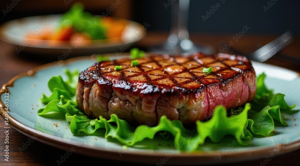 A perfectly seared grilled steak, resting on a bed of fresh lettuce, served on an elegant plate, a culinary masterpiece