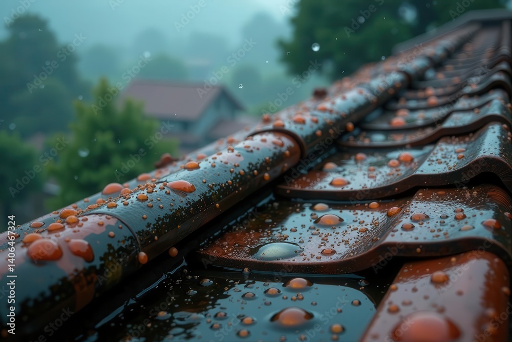 Rain-Soaked Roof Tiles A Close-Up View of Water Droplets on a Dark Brown Shingle Roof During a Gentle Rain Shower