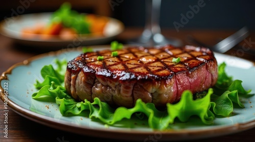 Obraz na płótnie A perfectly seared grilled steak, resting on a bed of fresh lettuce, served on an elegant plate, a culinary masterpiece w salonie
