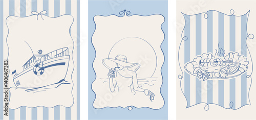 Set of vector posters in doodle style. Sea weekend or vacation at the sea. Boat,Sea, tranquility, dinner. Poster sketch in retro style.