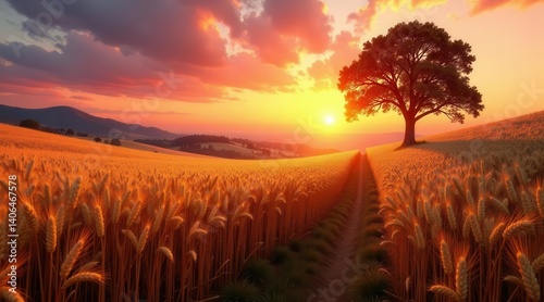 Golden Wheat Field Path at Sunset with a Solitary Tree