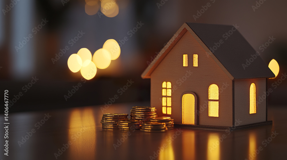 wooden house model with glowing windows beside stacked coins on table