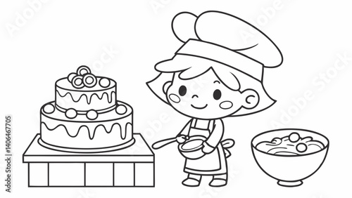 kids coloring page, a cute chef making a cake, cartoonish, friendly, thick outlines