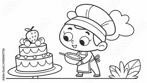 kids coloring page, a cute chef making a cake, cartoonish, friendly, thick outlines