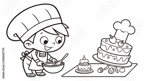 kids coloring page, a cute chef making a cake, cartoonish, friendly, thick outlines