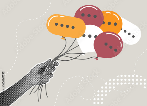 Trendy halftone collage. Hand holding speech bubbles like balloons. Public relations concept, communication management, commentary work.