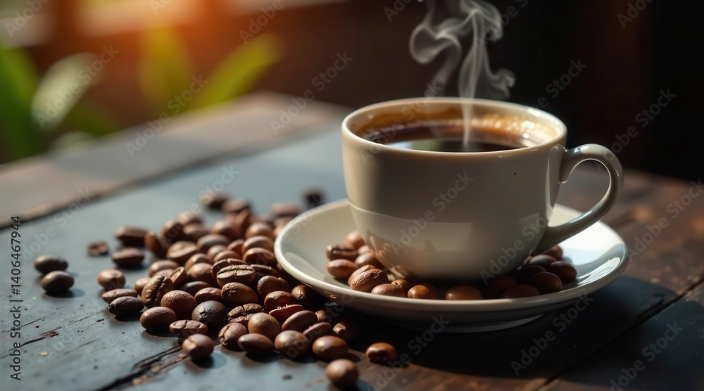 Aromatic Coffee Steam Rising from a White Mug on Rustic Wood with Roasted Beans Aromatic Coffee Steam Rising from a White Mug on Rustic Wood with Roasted Beans