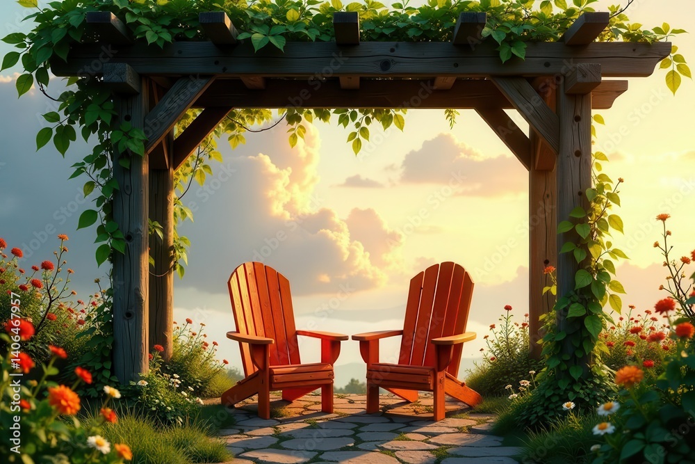 Serene Sunset Vista Two Adirondack Chairs Under a Verdant Pergola in a Blossoming Garden